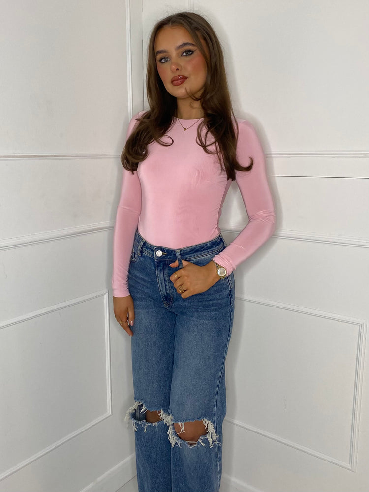 Round Neck Long Sleeve Bodysuit - Baby Pink