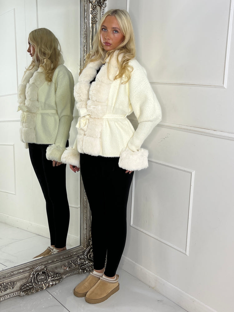 Faux Fur Trim Tie Belt Cardigan - Cream