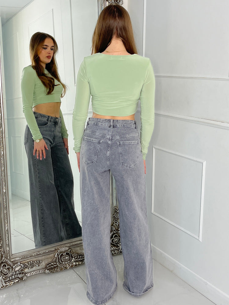 Padded Shoulder Long Sleeve Crop Top - Sage Green