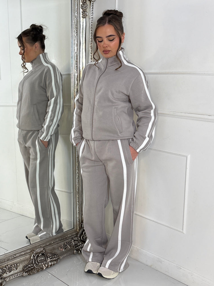 Side Stripe Collared Zip Up Jacket & Joggers Tracksuit - Dove Grey