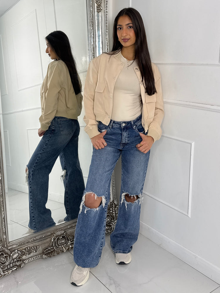 Cropped Pocket Detail Bomber Jacket - Cream