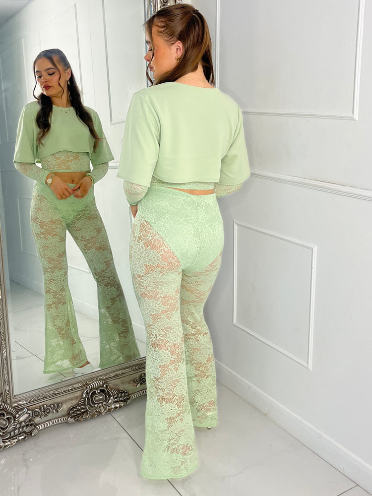 Round Neck Lace Underlayer Long Sleeved Cropped Top & Built In Knicker Underlayer Lace Flares Co-Ord - Sage Green