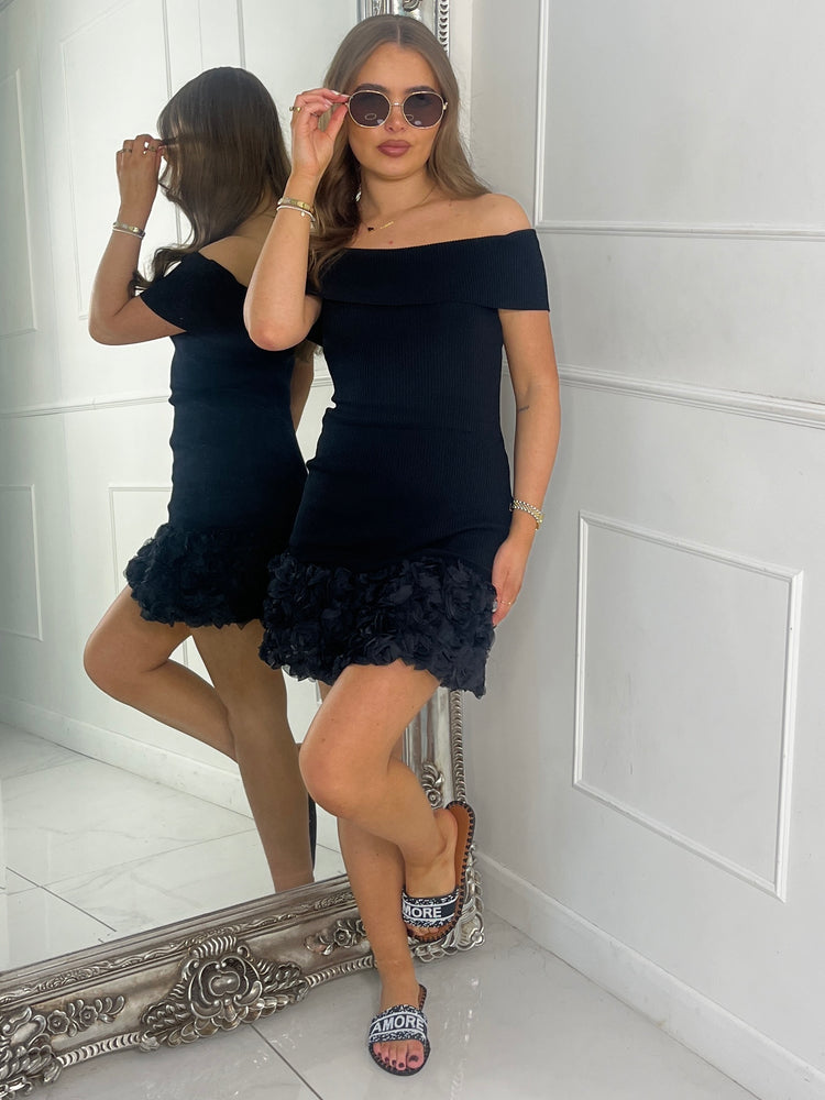 Mesh Ruffle Bottom Off Shoulder Dress - Black