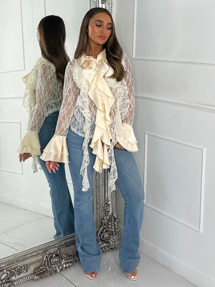 Lace Sheer Diamante Ruffle Shirt - Cream