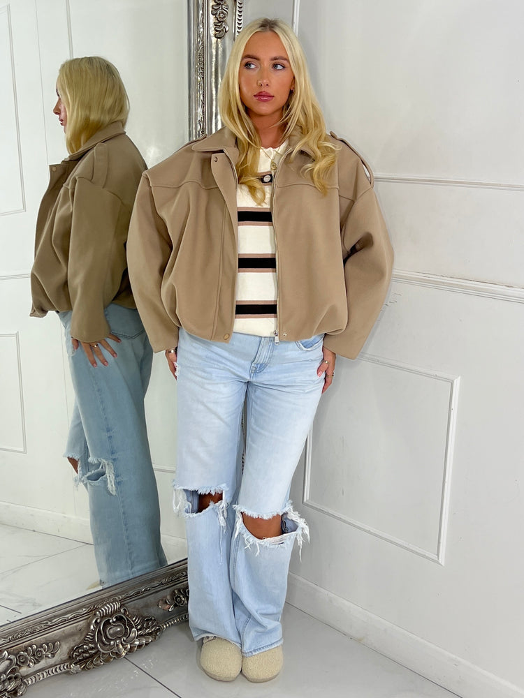 Collared Oversized Bomber Jacket - Beige