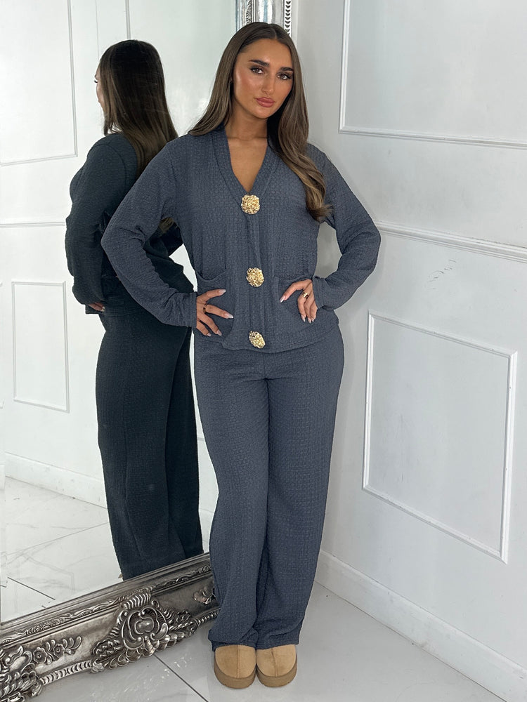 Long Sleeve V Neck Gold Pin Pocket Detail Top & Wide Leg Pants Co-Ord - Grey
