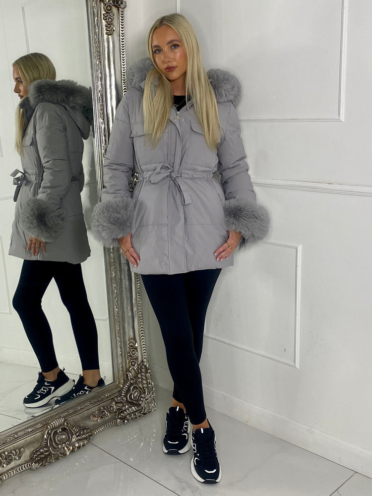 Fur Hood Trim Detail Longline Jacket - Grey