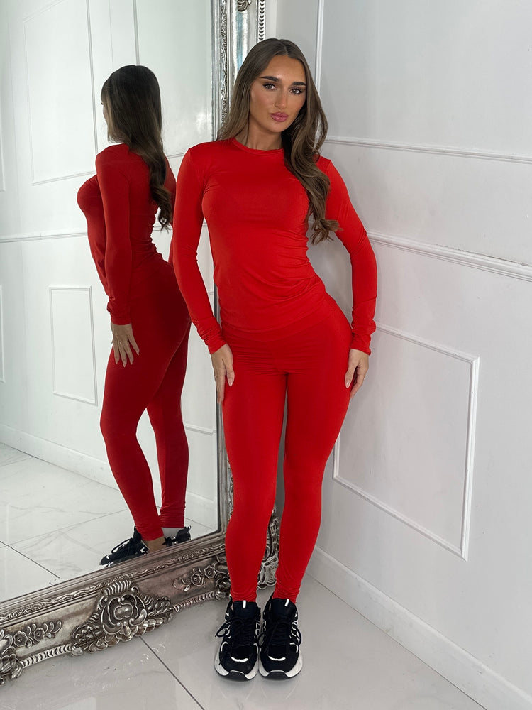 Round Neck Long Sleeve Second Skin Top & Sculpt Panel Leggings - Red