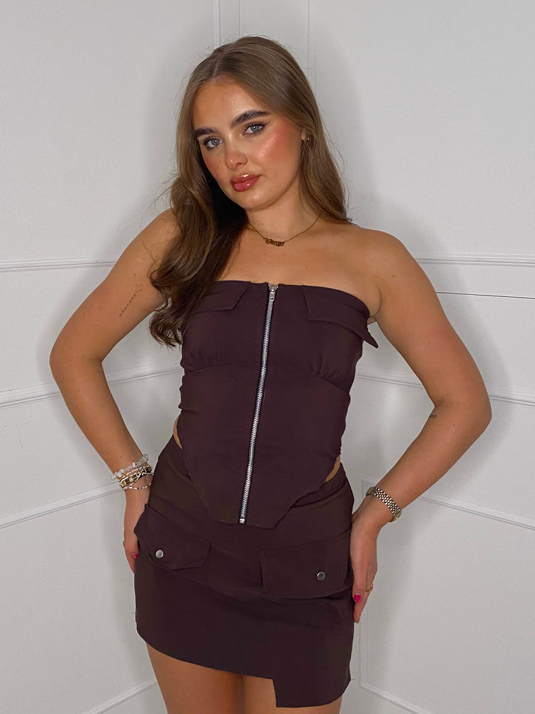 Zip Up Front Pocket skirt set - Brown