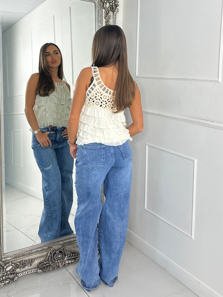 Crochet Tiered Ruffle Top - Beige