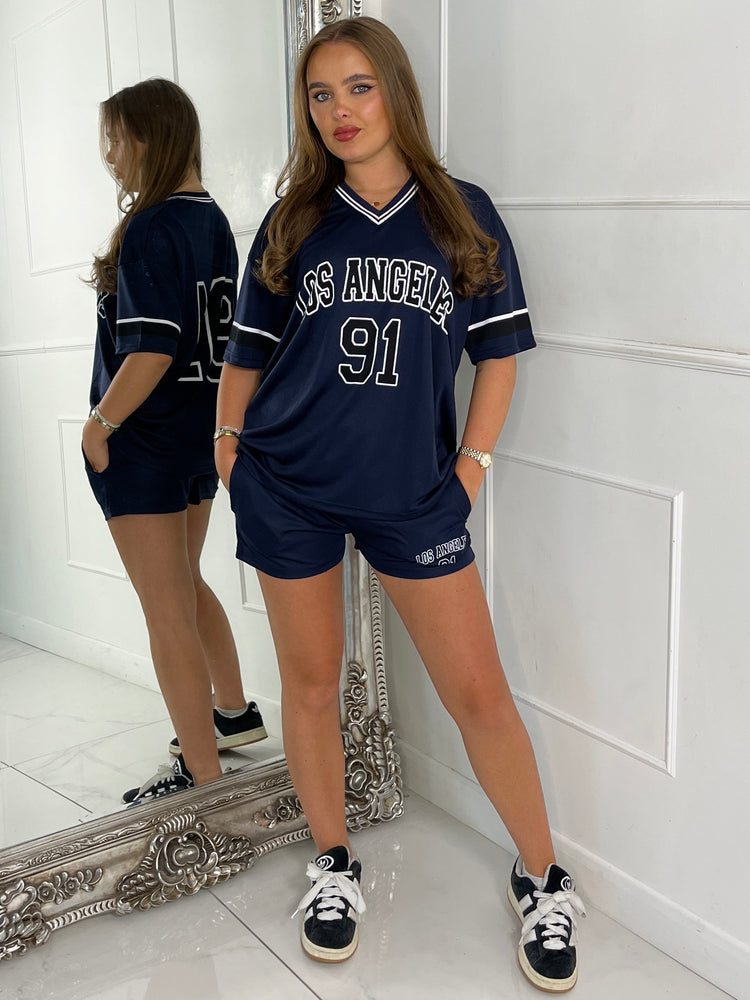 Los Angeles Varsity Top & Matching Shorts Co-ord - Navy/ Black