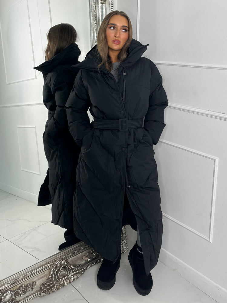 Long Length Padded Belted Coat - Black