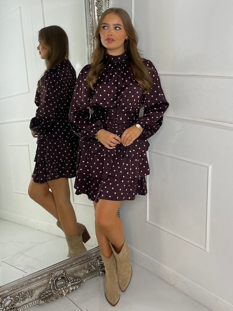 High Neck Cinched Waist Printed Dress- Wine/Pink Polka Dot