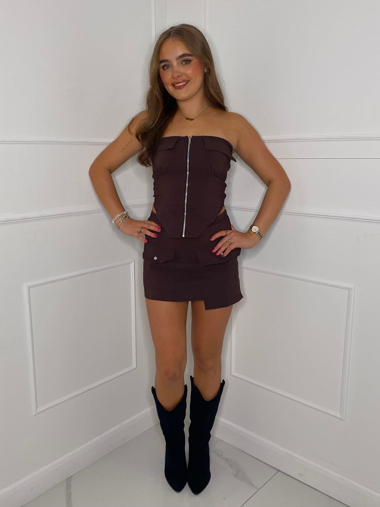 Zip Up Front Pocket skirt set - Brown