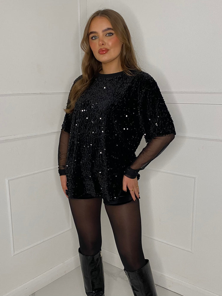Oversized Velvet Sequin T-Shirt with Mesh Sleeves - Black