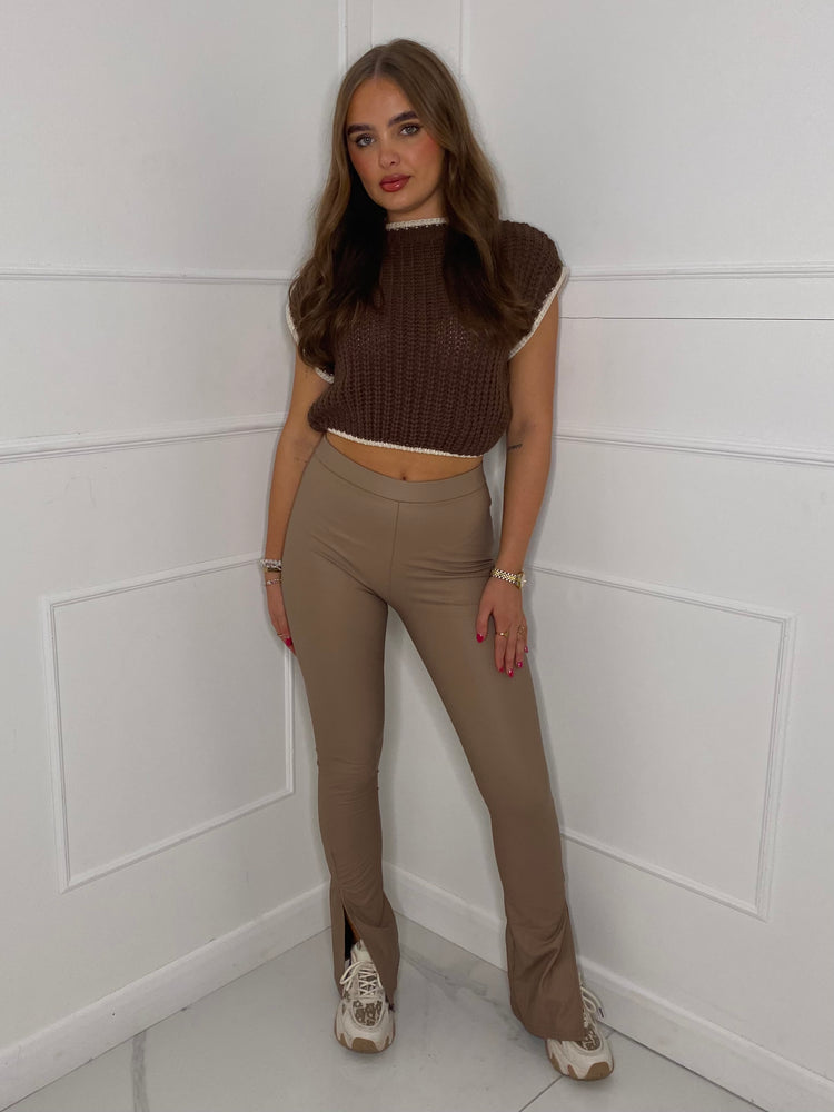 Leather Look Slit Flared Leggings - Beige