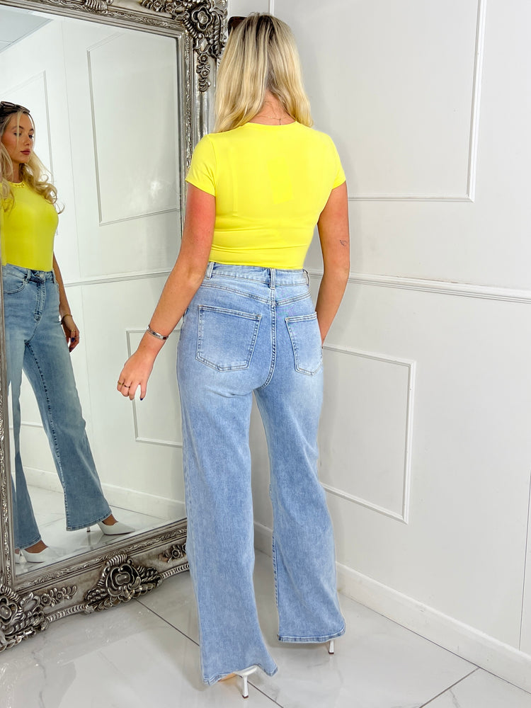 Round Neck Short Sleeve Second Skin Bodysuit - Yellow