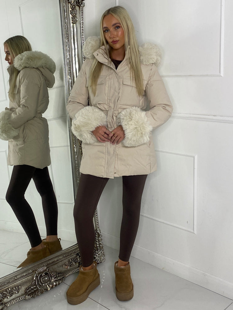 Fur Hood Trim Detail Longline Jacket - Beige