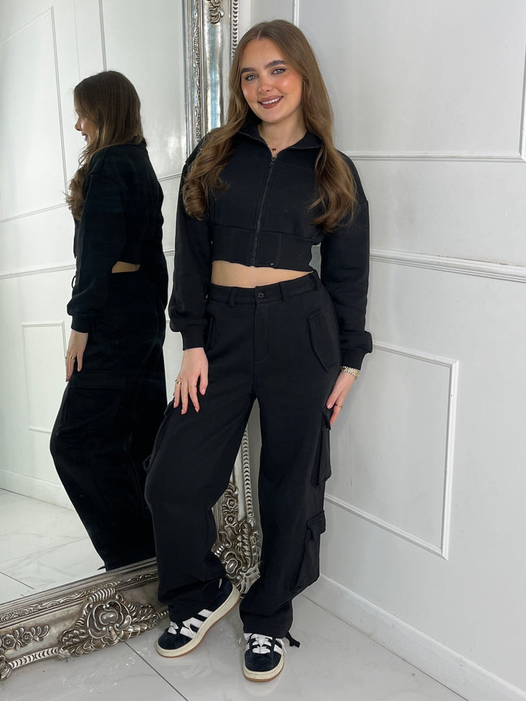 High neck Zip Up Jacket & Button Detail Cargo Pocket Flares - Black