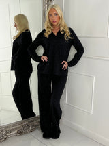 Lurex Glitter Oversized Shirt & Wide Leg Pants Co-Ord - Black