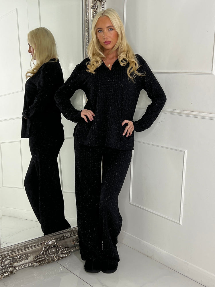 Lurex Glitter Oversized Shirt & Wide Leg Pants Co-Ord - Black