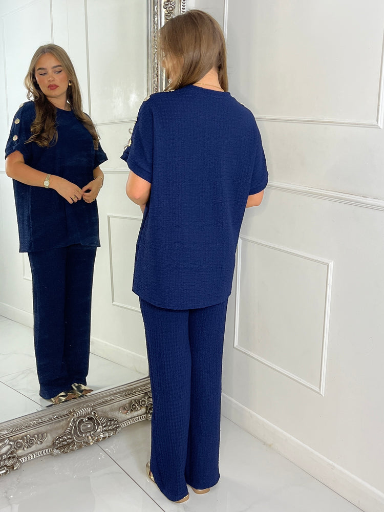Gold Button Detail Oversized Top & Wide Leg Pants Co-Ord - Navy Blue