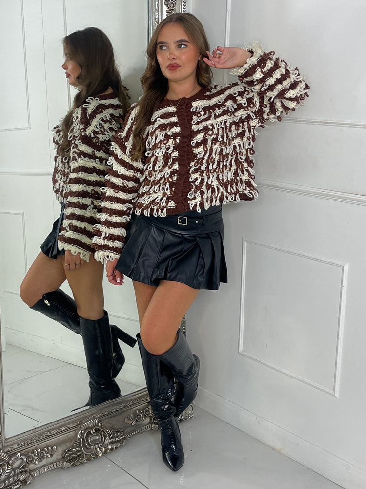 Soft Fluffy Loop Detail Cardigan - Brown/Cream Mixed