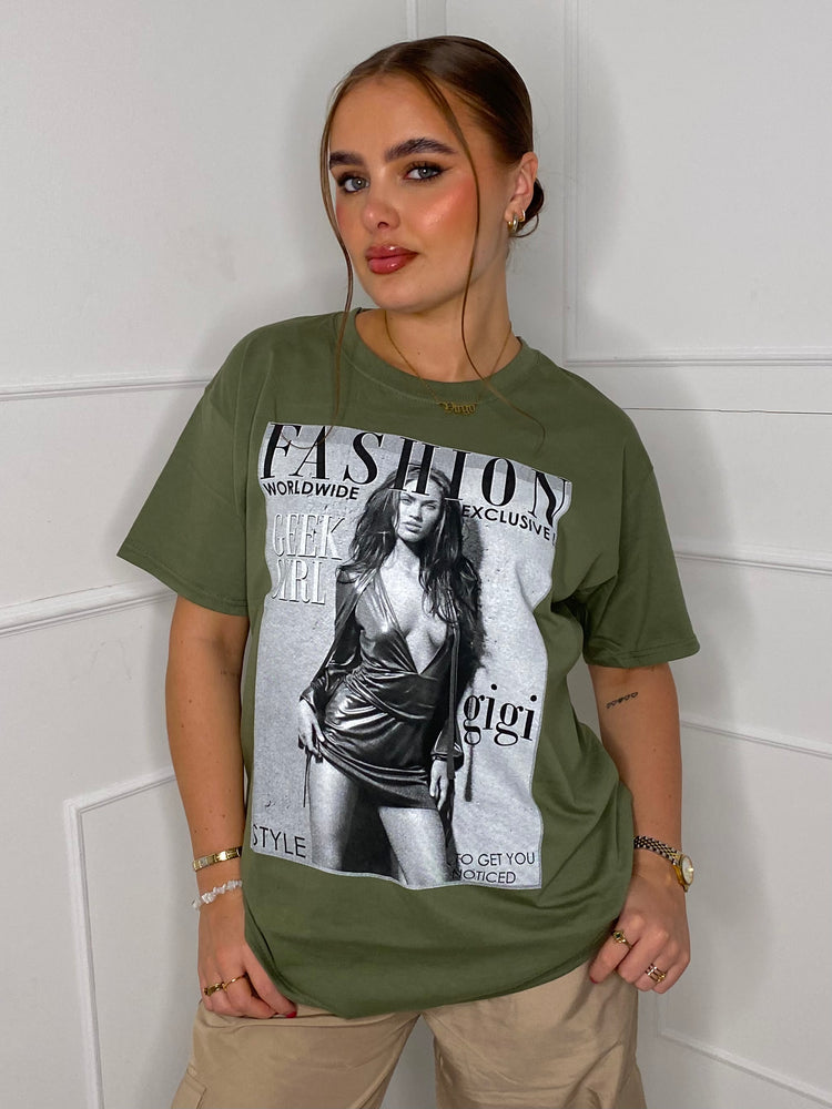 Fashion Print T-shirt- Khaki Green