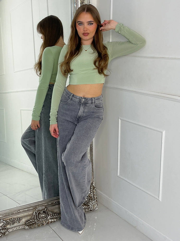 Padded Shoulder Long Sleeve Crop Top - Sage Green