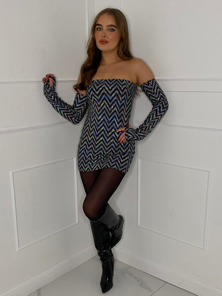 Strapless Dress with Detached Sleeves - Silver Zigzag