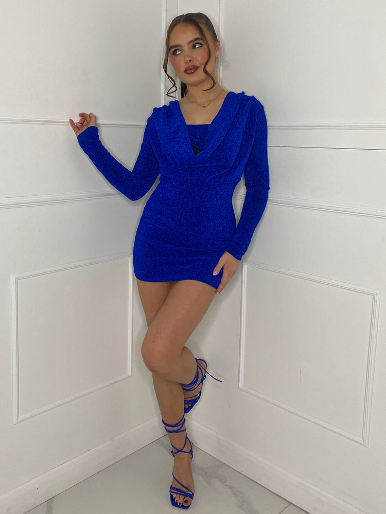 Cowl Neck Glitter Dress - Royal Blue