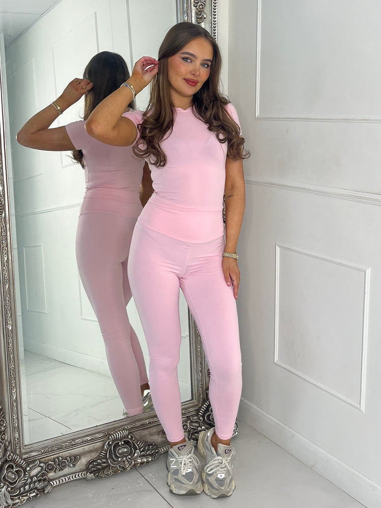 Round Neck Short Sleeve Second Skin Top & Sculpt Panel Leggings - Baby Pink