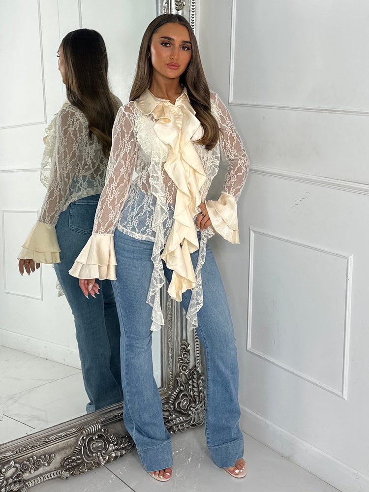Lace Sheer Diamante Ruffle Shirt - Cream