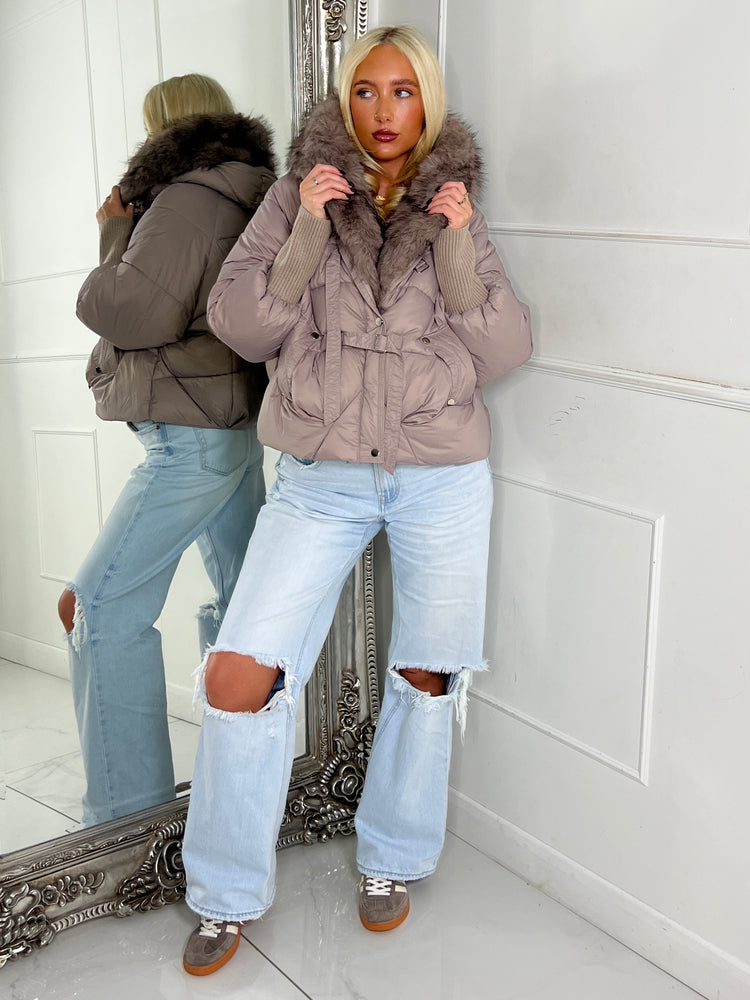 Hooded Faux Fur Puffer Coat With Buckle Detail - Grey/Mauve