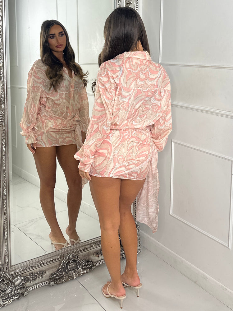Printed Shirt Dress with Wrap Skirt - Pink/Beige Print