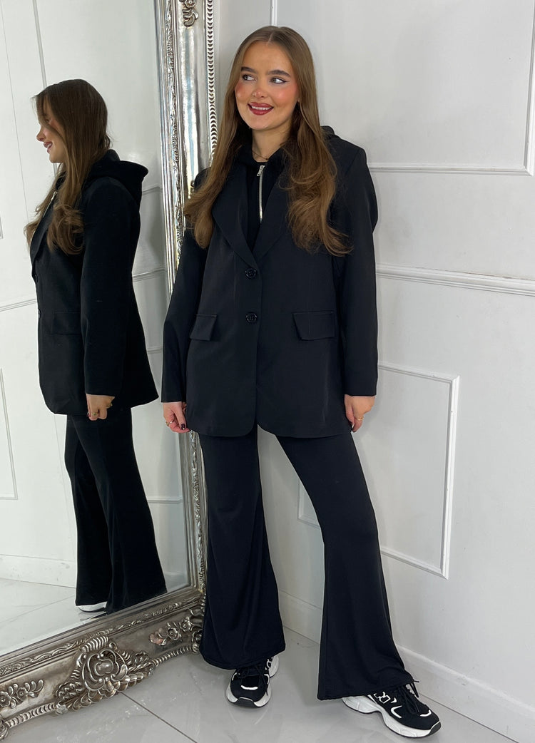 Oversized Blazer With Black Attached Hood - Black