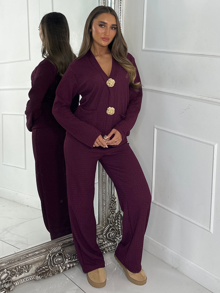 Long Sleeve V Neck Gold Pin Pocket Detail Top & Wide Leg Pants Co-Ord - Wine