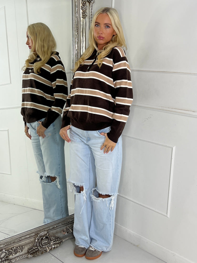 Striped Neutral Toned Collared Jumper - Brown