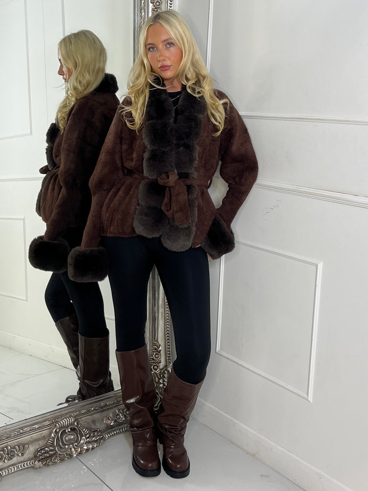 Faux Fur Trim Tie Belt Cardigan - Brown
