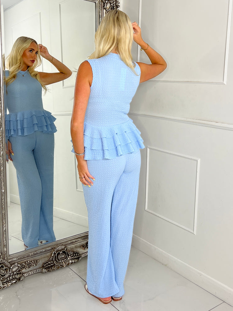 Cheesecloth High Neck Ruffle Bottom Top & Matching Flares Co-ord - Baby Blue