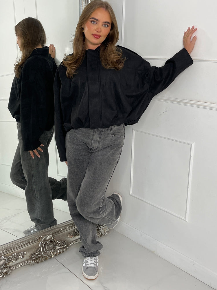 Suede Collared Oversized Bomber Jacket - Black