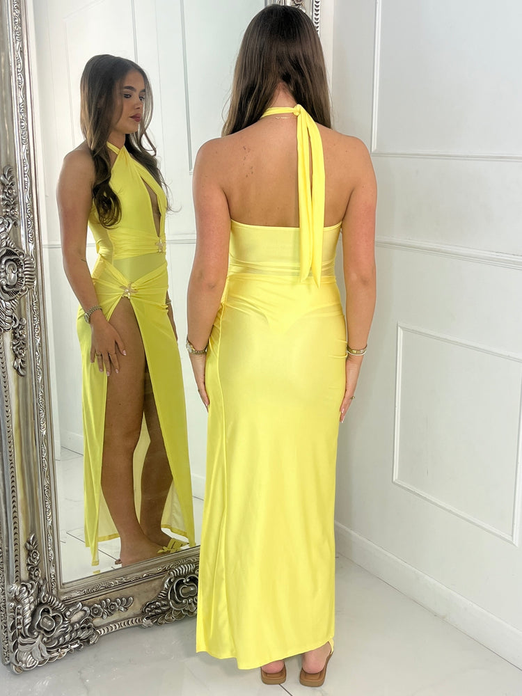Starfish Detail Deep V Halterneck Top & Slit Midi Skirt Co-ord - Yellow