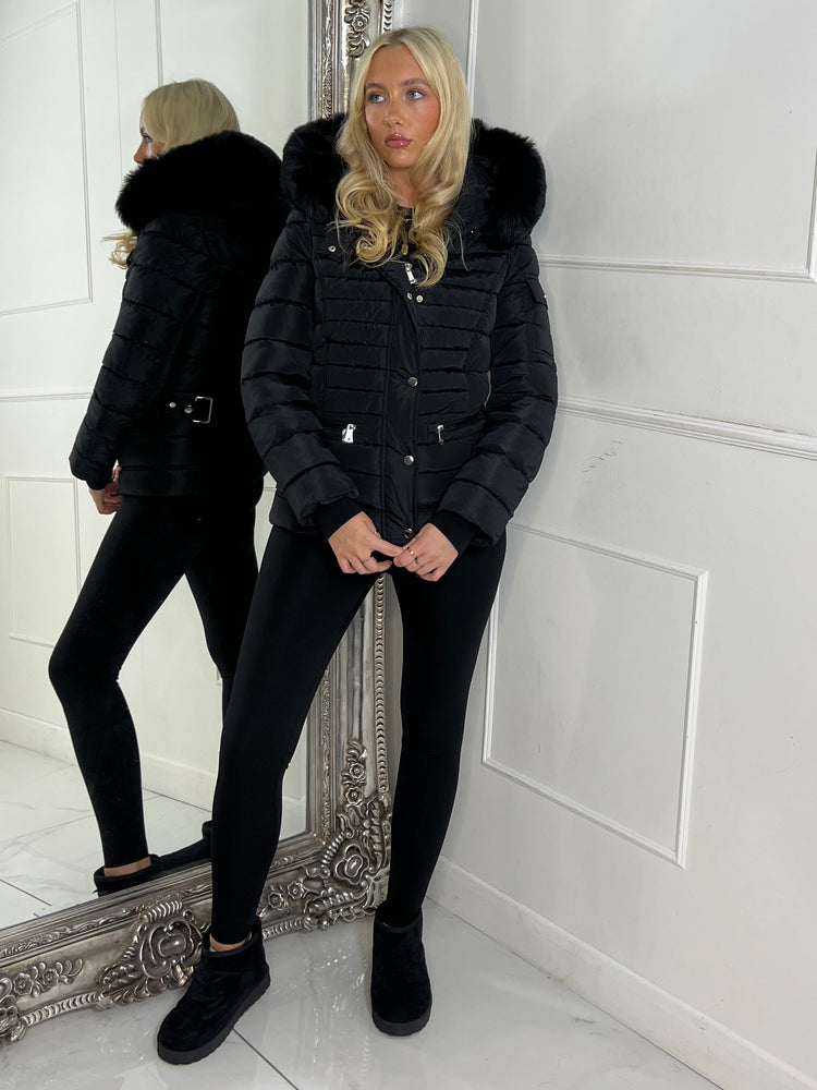 Padded Pocket Detail Faux Fur Hooded Jacket - Black