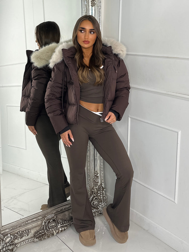 Cropped Faux Fur Trim Padded Jacket - Brown/Cream
