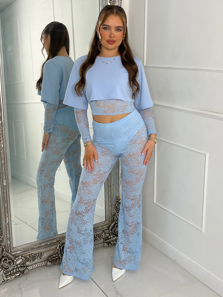 Round Neck Lace Underlayer Long Sleeved Cropped Top & Built In Knicker Underlayer Lace Flares Co-Ord - Baby Blue