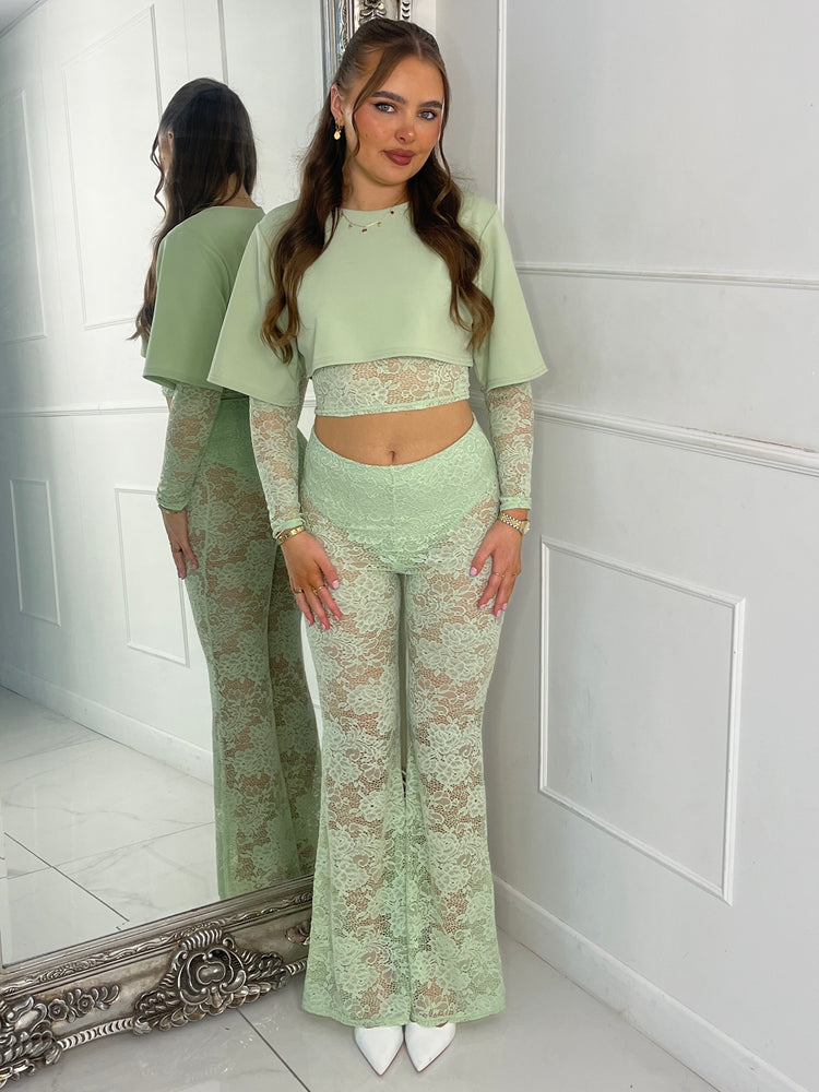 Round Neck Lace Underlayer Long Sleeved Cropped Top & Built In Knicker Underlayer Lace Flares Co-Ord - Sage Green