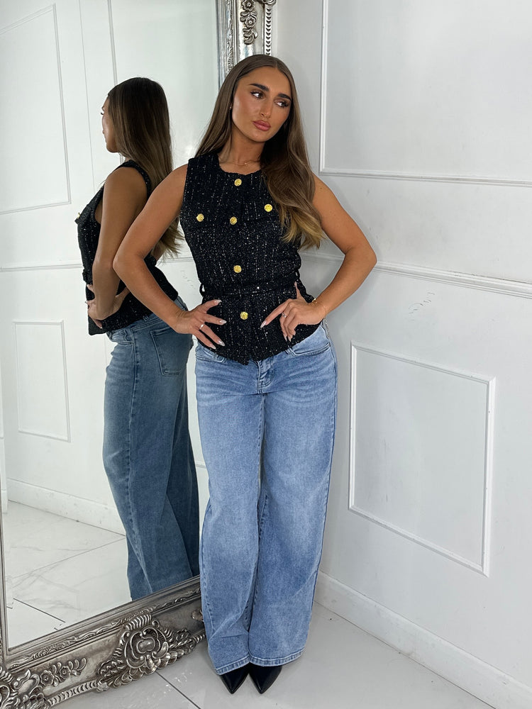 Tweed Sequin Belted Waistcoat - Black