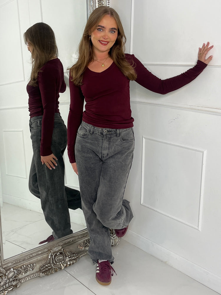 V Neck Long Sleeve Soft Touch Top - Wine