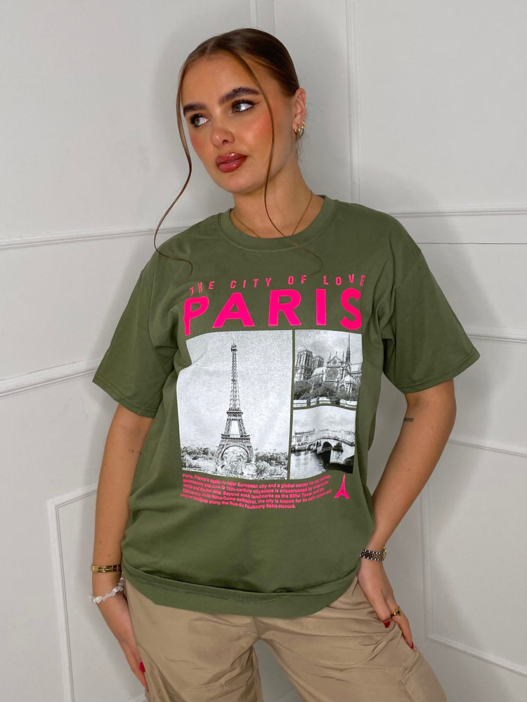 Paris Eiffel Tower Print T-shirt- Khaki Green