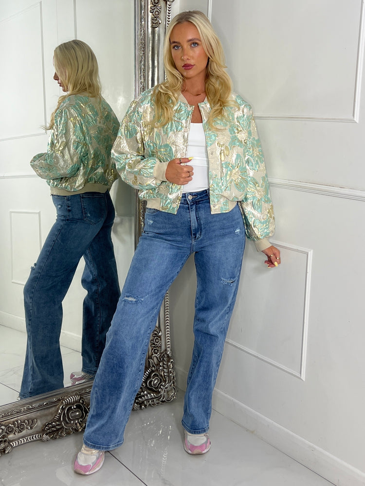 3D Floral Bomber Jacket - Mint Green/ Gold